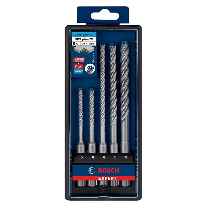 Bosch Professional Expert Set de brocas para hormigón SDS-Plus -7X - 5 pzs., Diámetro: 5 mm - 10 mm - Vista frontal