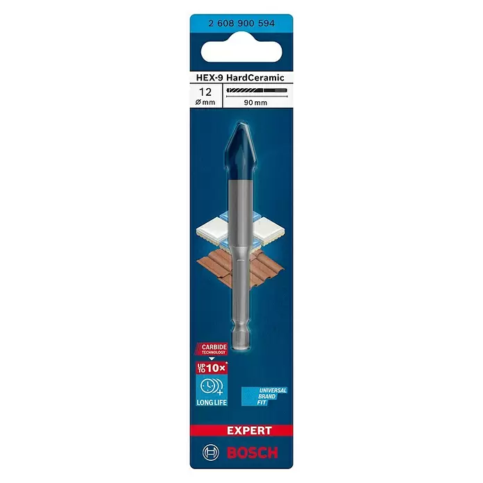 Bosch Professional Expert Broca para azulejos HEX-9 HardCeramic - Ø x L: 12 x 90 mm, Idoneidad de material: Baldosas - Vista frontal