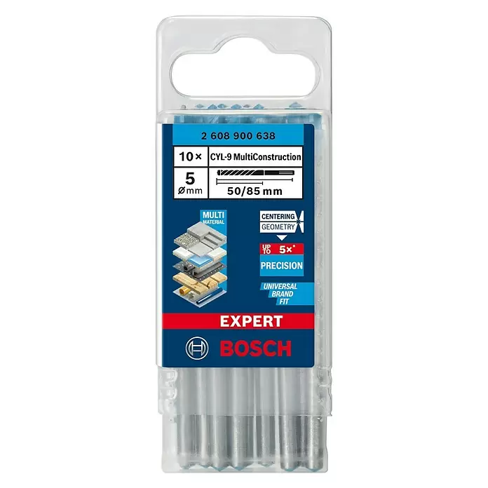 Bosch Professional Expert Broca multiuso CYL-9 MultiConstruction - Ø x L: 5 x 85 mm, Longitud de trabajo: 50 mm, 10 ud. - Vista frontal