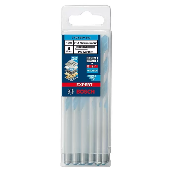 Bosch Professional Expert Broca multiuso CYL-9 MultiConstruction - Ø x L: 8 x 120 mm, Longitud de trabajo: 80 mm, 6 pzs. - Vista frontal