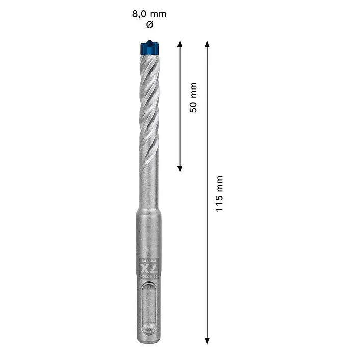 Bosch Professional Expert Broca para hormigón SDS-Plus -7X - Diámetro: 8 mm, Largo: 115 mm - Dibujo técnico