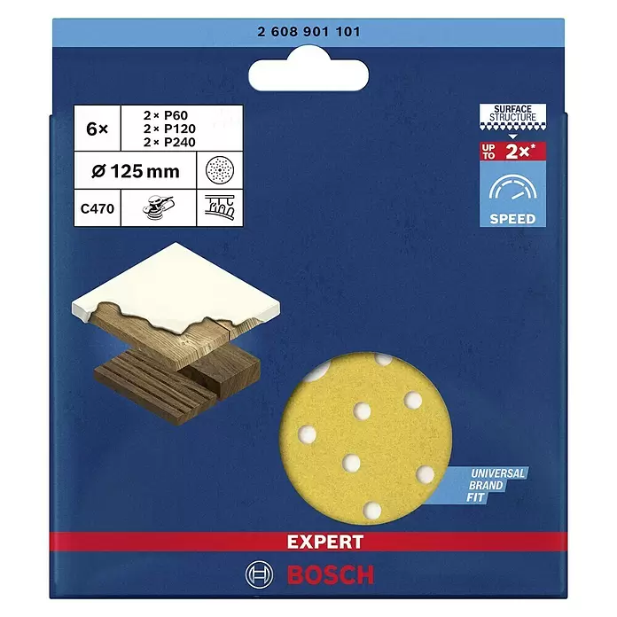 Bosch Professional Expert Set de hojas de lija C470 - Diámetro: 125 mm, Grano: 60/120/240, 6 ud. - Vista frontal