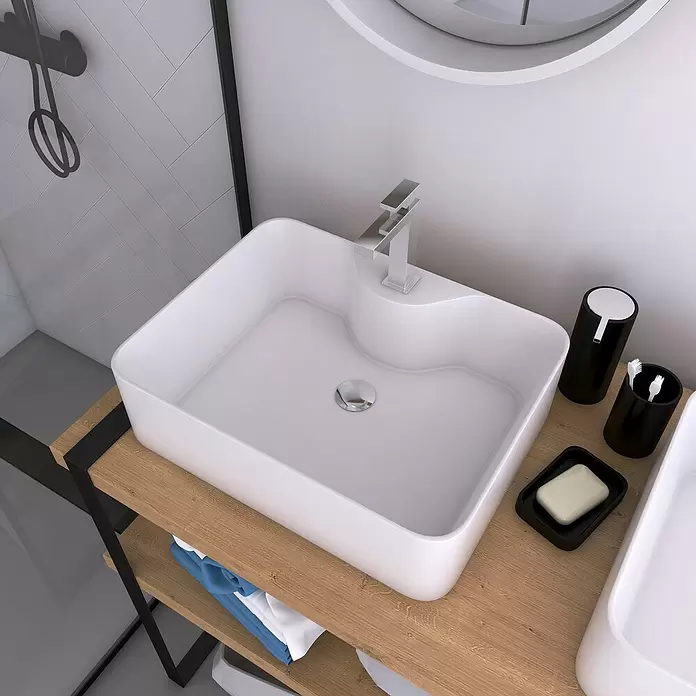 Lavabo Fjord - 48 x 37 cm, Orificios para grifo: Medio, Sin desbordamiento, Blanco - Foto ambiente