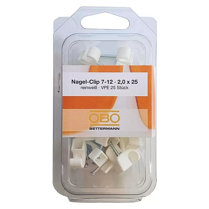 OBO Nagelschelle - 7 - 12 mm, Länge Nagel: 25 mm, 25 Stk., Weiß - Vorderansicht