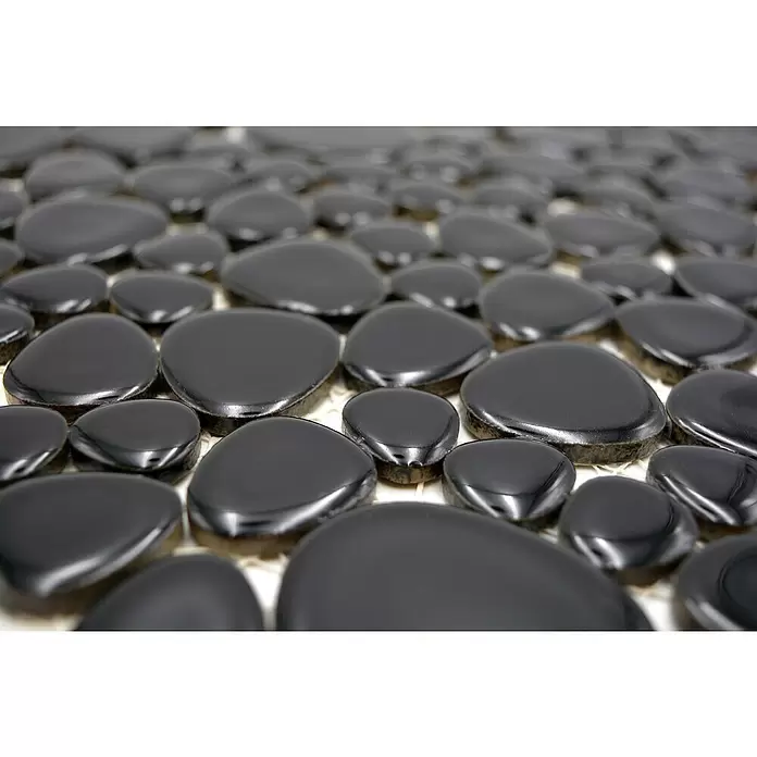 Mosaikfliese Kiesel Uni - 27,5 x 27,5 cm, Schwarz, Glänzend - Detailaufnahme