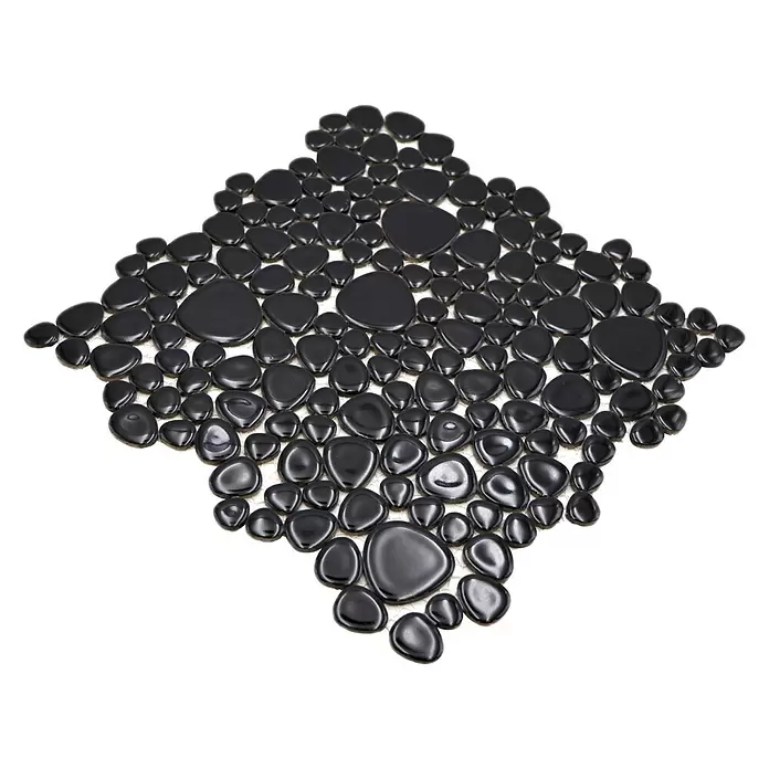 Mosaikfliese Kiesel Uni - 27,5 x 27,5 cm, Schwarz, Glänzend - Diagonale Ansicht
