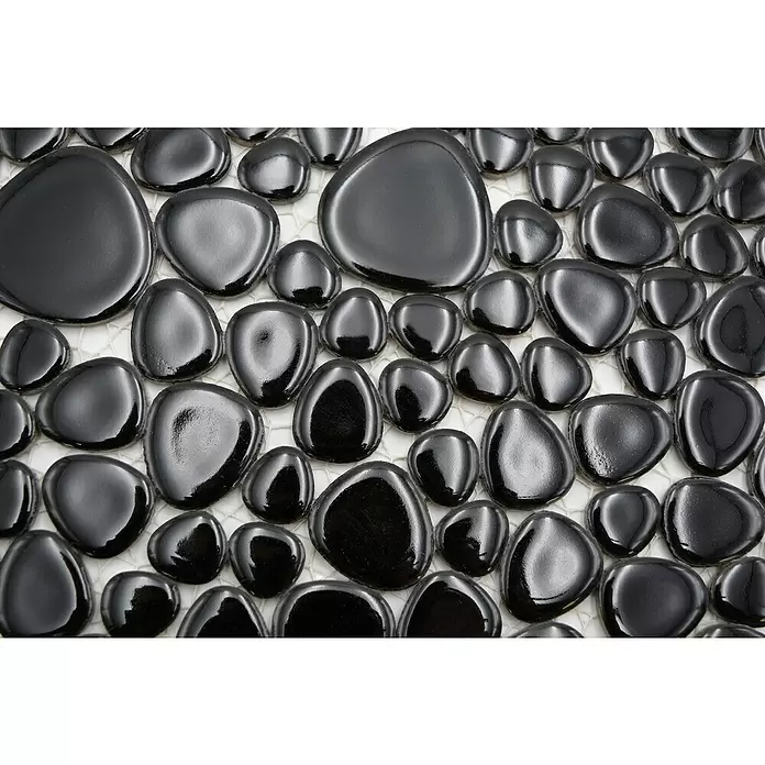 Mosaikfliese Kiesel Uni - 27,5 x 27,5 cm, Schwarz, Glänzend - Detailaufnahme