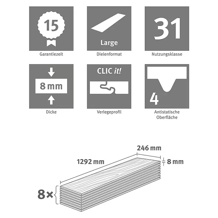 Egger Home Korkboden Comfort Bermuda Eiche Geräuchert - 1.292 x 245 x 8 mm, All over - Skizze