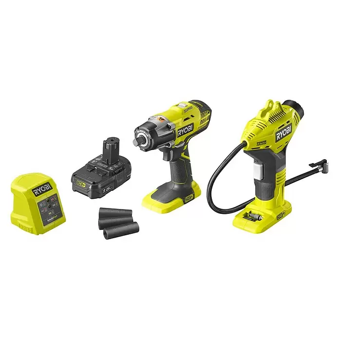 Ryobi Llave de impacto de batería R18IWPI-115G + inflador R18PI - 18 V, 1 batería, 1,5 Ah - Vista angular