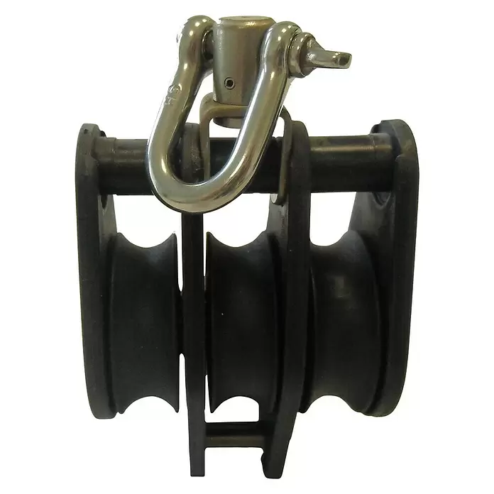 Seilflechter Motón - 10 mm, 3 ruedas, Con grillete giratorio, Cojinete de bolas, Enganche de escota - Vista frontal
