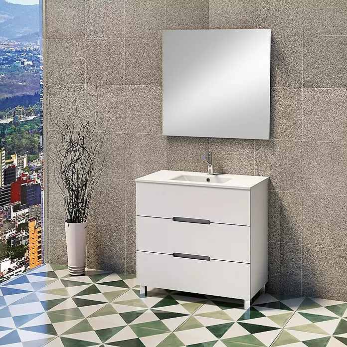 Conjunto de mueble de baño Lanza fondo 39 cm - 80 cm, 3 piezas, Blanco, Mate - Foto ambiente