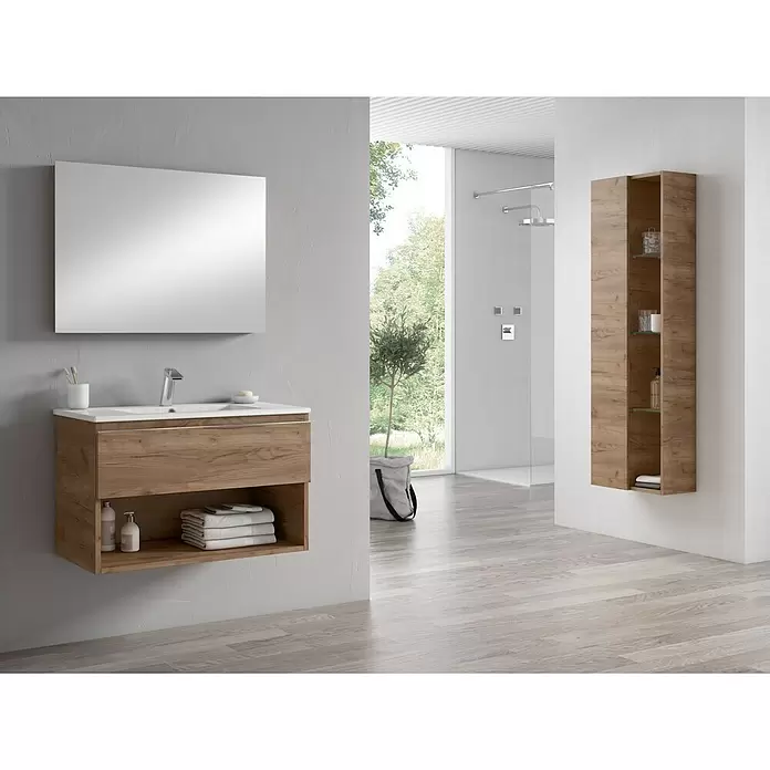 Conjunto de mueble de baño Denia - 80 cm, 3 piezas, Tabaco, Mate - Foto ambiente