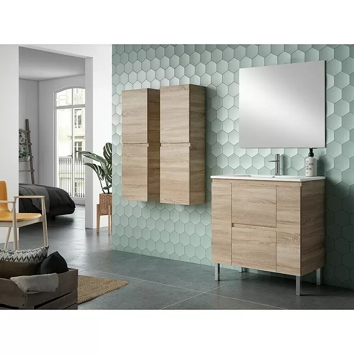 Conjunto de mueble de baño Essential - 80 cm, 3 piezas, Roble, Mate - Foto ambiente