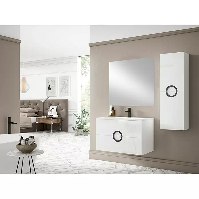 Conjunto de mueble de baño Round - 80 cm, 3 piezas, Blanco, Mate - Foto ambiente