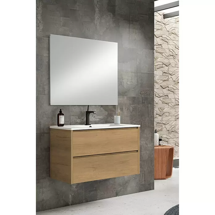 Conjunto de mueble de baño Iris - 80 cm, 3 piezas, Nogal - Foto ambiente