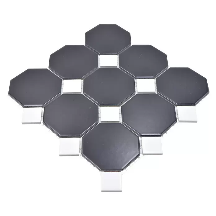 Mozaïektegel achthoek Octa G 942N - 30 x 30 cm, Zwart/Wit, Mat - Diagonaal zicht