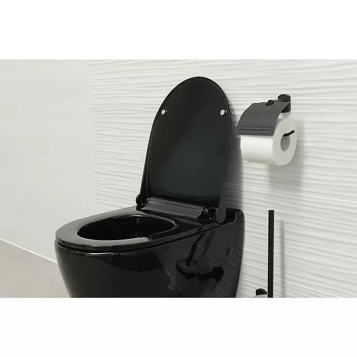 Sanotechnik Wand-WC UNO - Spülrandlos, Spülform: Tief, Mit WC-Sitz, Schwarz, Glänzend - Detailaufnahme