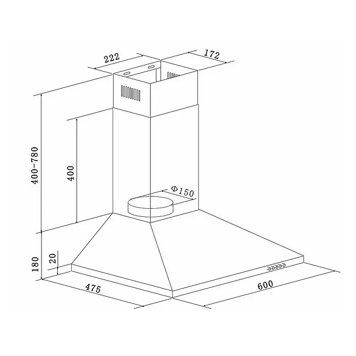 Respekta Kaminhaube Karena CH 22055 SA - Breite: 60 cm, Max. Luftleistung: 308,8 m³/h im Normalbetrieb, Schwarz - Skizze