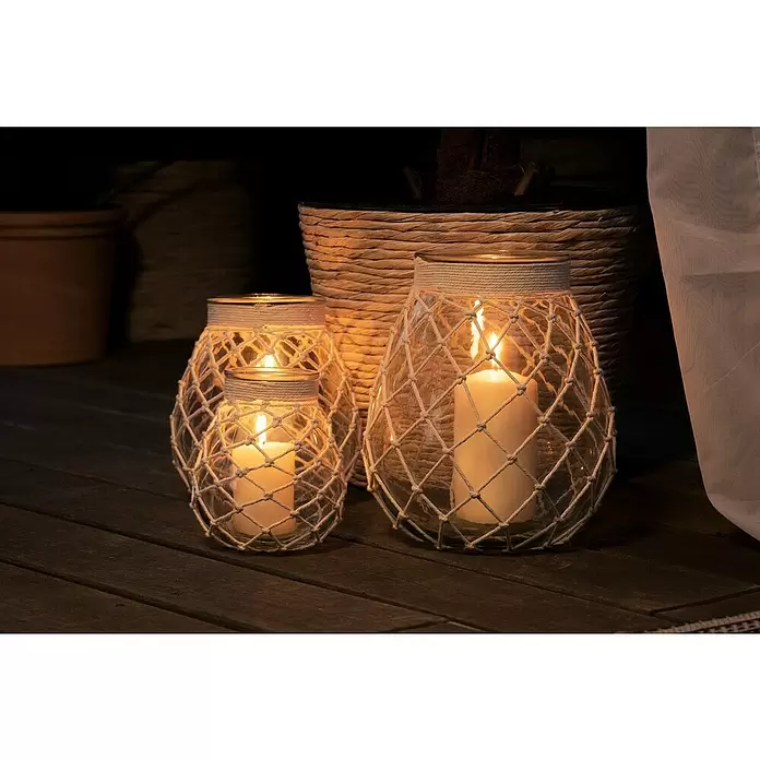Windlicht Makramee - Creme, M, Glas - Stimmungsaufnahme