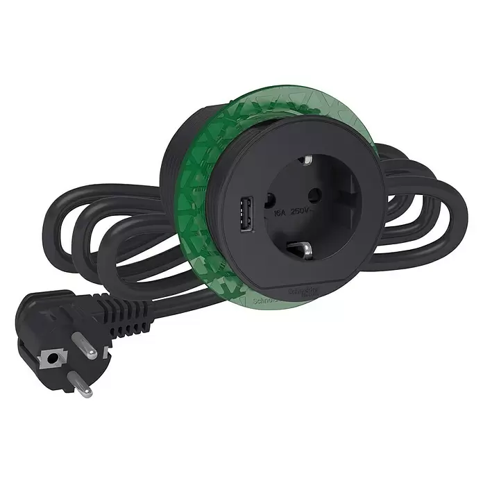 Schneider Electric New Unica Enchufe con USB - Negro, Conexión USB - Vista angular