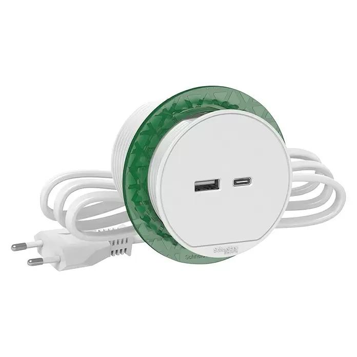 Schneider Electric Toma USB con base escritorio - Blanco, x 2, Policarbonato - Vista angular