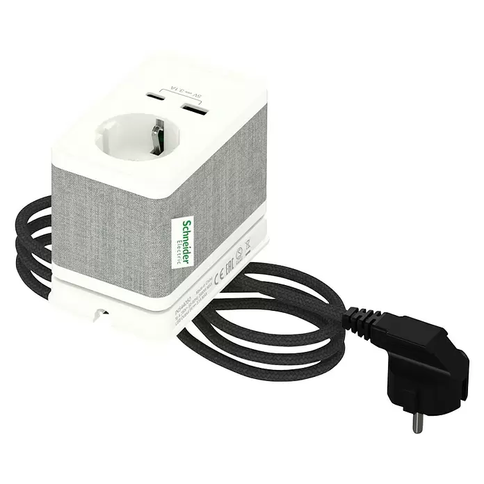 Schneider Electric New Unica Enchufe con USB de escritorio - Blanco/gris, 3,1 A, 2 conexiones USB - Vista angular