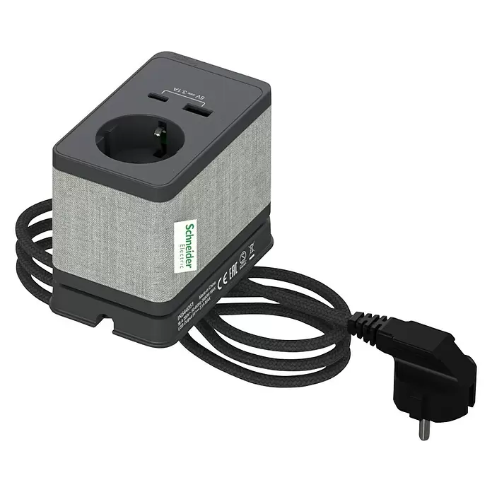 Schneider Electric New Unica Enchufe con USB de escritorio - Antracita, 3,1 A, 2 conexiones USB - Vista angular