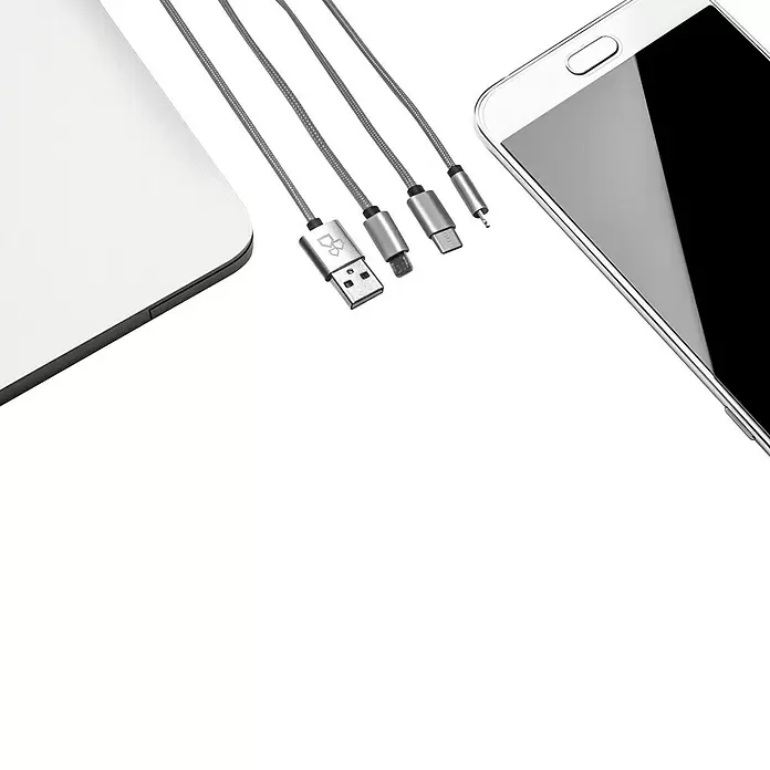 BAUHAUS Cable de carga USB - Plateado, 3 m, Conector USB A, conector USB C, conector USB Micro, conector Lightning - Primer plano
