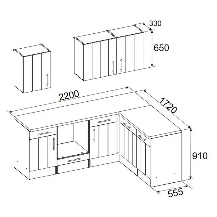 Respekta Premium Winkelküche BERPL220LHWC - 172 x 220 cm, Lärche Weiß-Nachbildung - Skizze