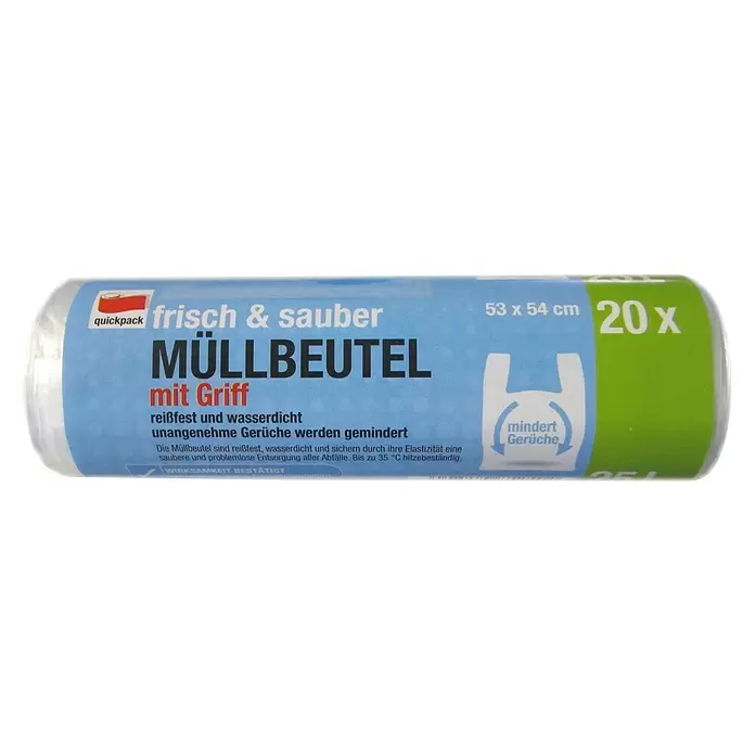 Quickpack Müllbeutel mit Griff frisch & sauber - 25 l, 20 Stk., Transparent - Vorderansicht