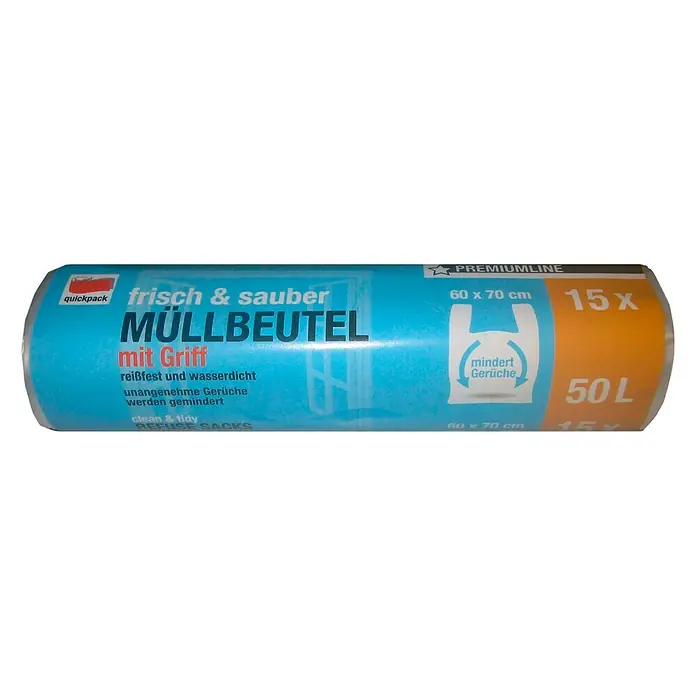 Quickpack Müllbeutel mit Griff frisch & sauber - 50 l, 15 Stk., Transparent - Vorderansicht