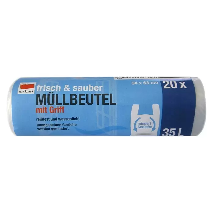 Quickpack Müllbeutel mit Griff frisch & sauber - 35 l, 20 Stk., Transparent - Vorderansicht