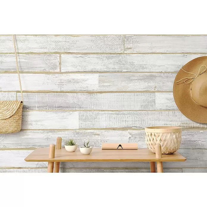 Grosfillex Revestimiento de pared Accent Taiga - L x An: 120 x 15,4 cm, Blanco gris, Estructurado - Foto ambiente