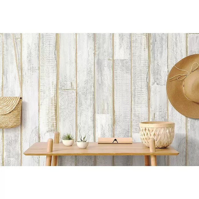 Grosfillex Revestimiento de pared Accent Taiga - L x An: 120 x 15,4 cm, Blanco gris, Estructurado - Foto ambiente