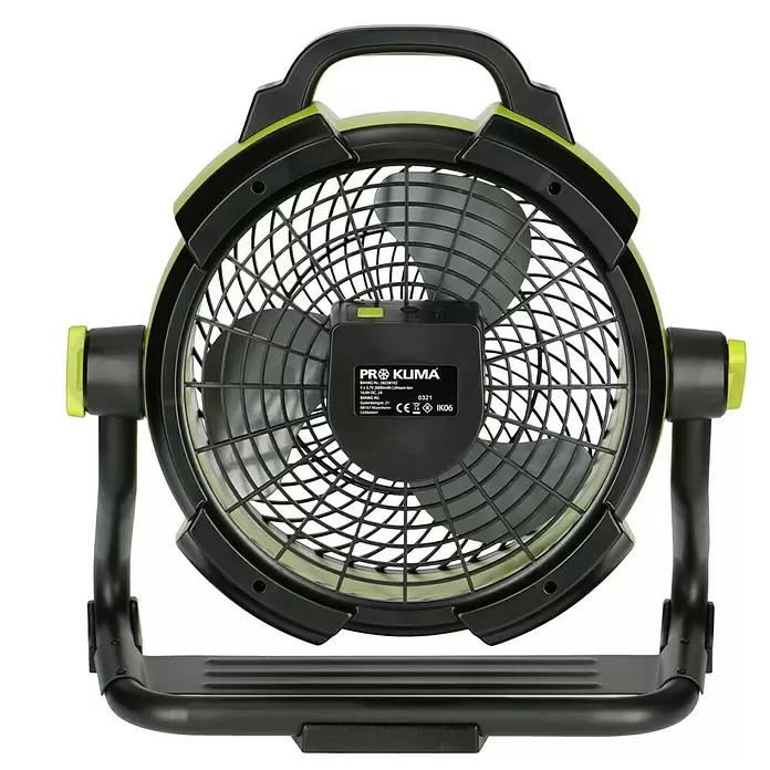 Proklima Akku-Ventilator - Schwarz/Grün, 24,5 x 39 x 41 cm, Neigungswinkel: 200° - Rückansicht