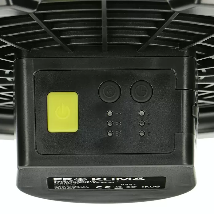 Proklima Akku-Ventilator - Schwarz/Grün, 24,5 x 39 x 41 cm, Neigungswinkel: 200° - Detailaufnahme