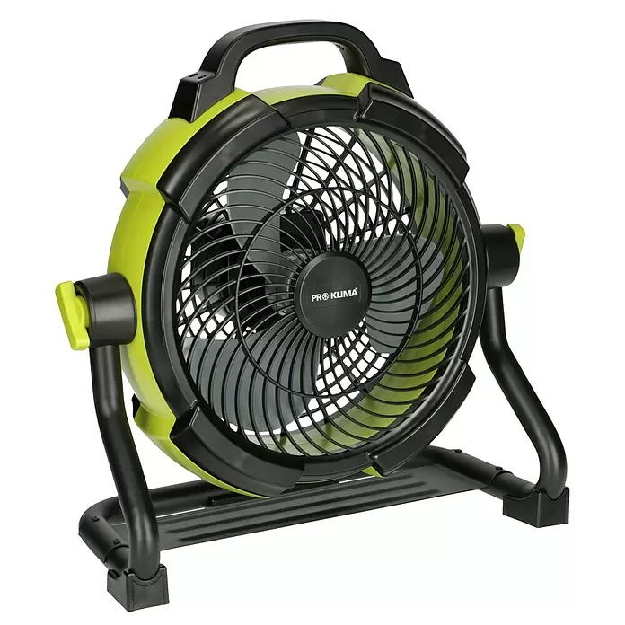Proklima Akku-Ventilator - Schwarz/Grün, 24,5 x 39 x 41 cm, Neigungswinkel: 200° - Diagonale Ansicht