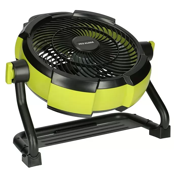 Proklima Akku-Ventilator - Schwarz/Grün, 24,5 x 39 x 41 cm, Neigungswinkel: 200° - Diagonale Ansicht