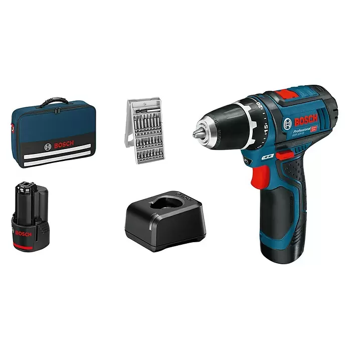 Bosch Professional Akku-Bohrschrauber GSR 12V-15 mit Bit-Set - 12 V, 2 Akkus, 2 Ah, Leerlaufdrehzahl: 0 U/min - 1.300 U/min, 25 -tlg. - Diagonale Ansicht