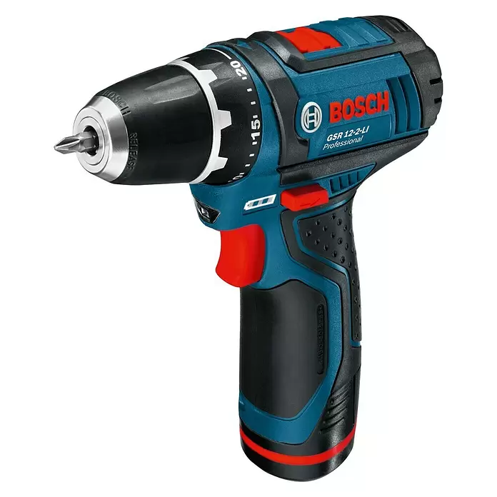 Bosch Professional Akku-Bohrschrauber GSR 12V-15 mit Bit-Set - 12 V, 2 Akkus, 2 Ah, Leerlaufdrehzahl: 0 U/min - 1.300 U/min, 25 -tlg. - Diagonale Ansicht