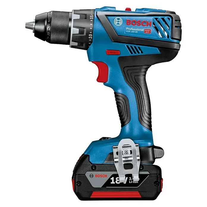 Bosch Professional Akku-Bohrschrauber GSR 18V-28 - 18 V, 2 Akkus, 4 Ah, Leerlaufdrehzahl: 0 U/min - 1.900 U/min - Linke Seitenansicht