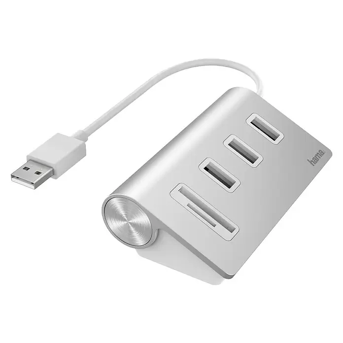 Hama USB-Hub-Kartenleser - Weiß/Silber, 3x USB-A, 1 x SD, 1 x microSD - Diagonale Ansicht