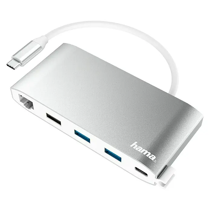 Hama USB-Hub - Weiß/Silber, 3x USB-A, 2x USB-C, VGA, HDMI, LAN - Diagonale Ansicht
