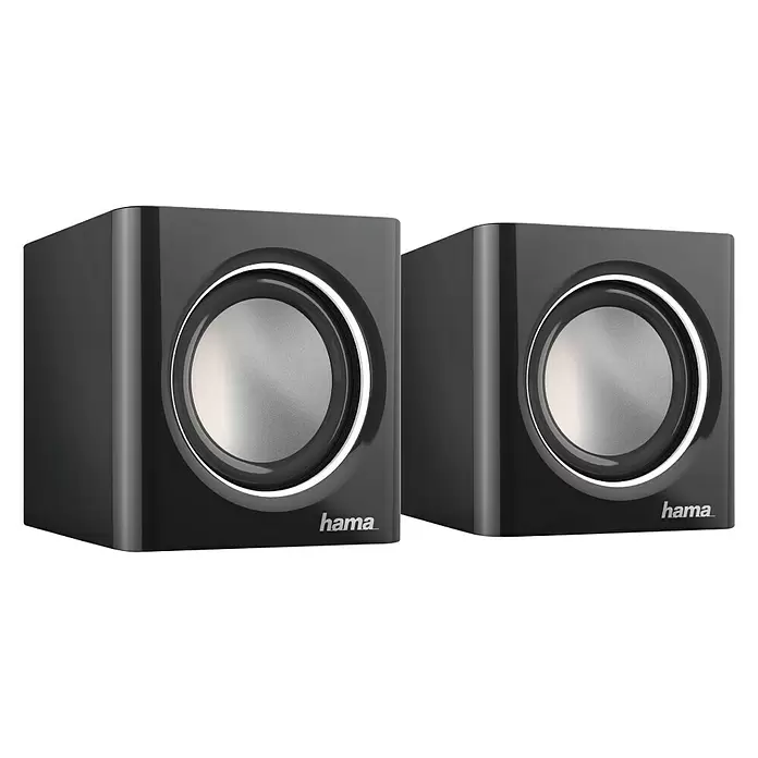 Hama PC-Lautsprecher Sonic Mobil 185 - Schwarz/Silber, 7 x 7 x 7 cm - Diagonale Ansicht