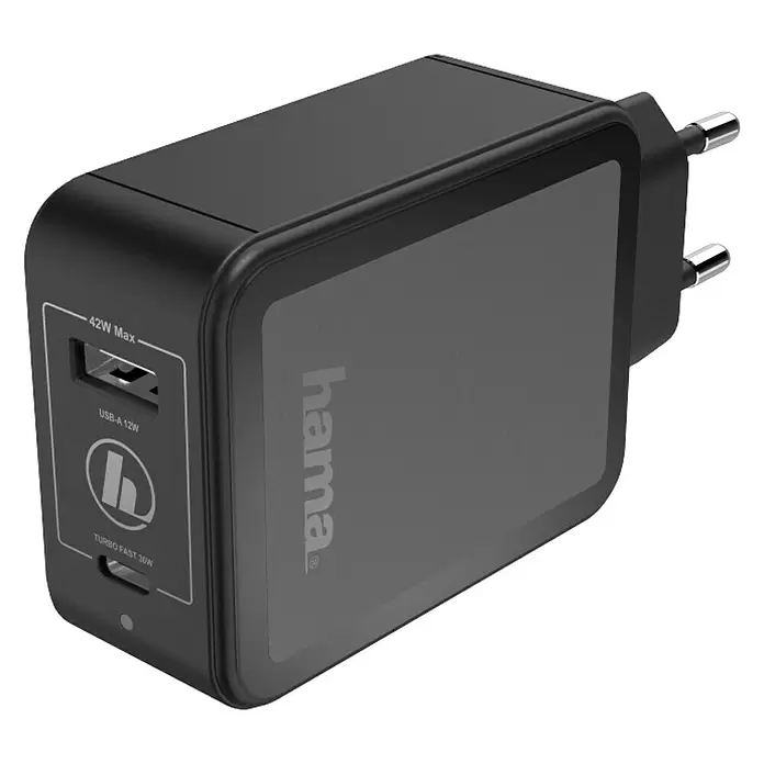 Hama USB-Ladegerät - 2-fach, Schwarz, USB A-Kupplung - Diagonale Ansicht