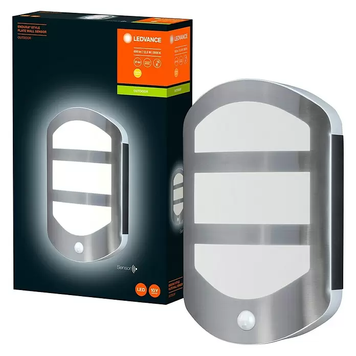 Osram Endura Style LED-Außenwandleuchte mit Sensor - 12,5 W, 180 x 60 x 283 mm, Edelstahl, IP44 - Diagonale Ansicht
