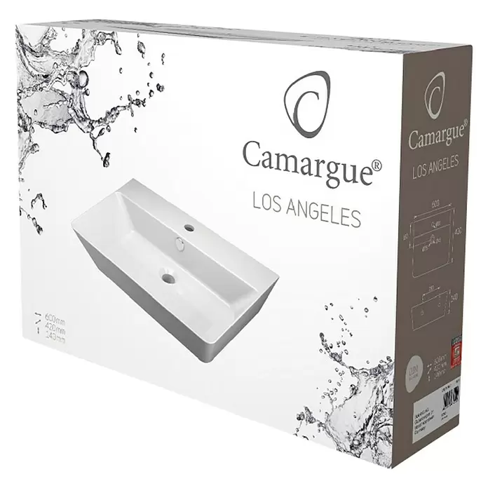 Camargue Los Angeles Waschtisch Straight - 60 x 42 cm, Ohne Spezialglasur, Hahnloch: Mitte, Mit Überlauf, Weiß - Diagonale Ansicht