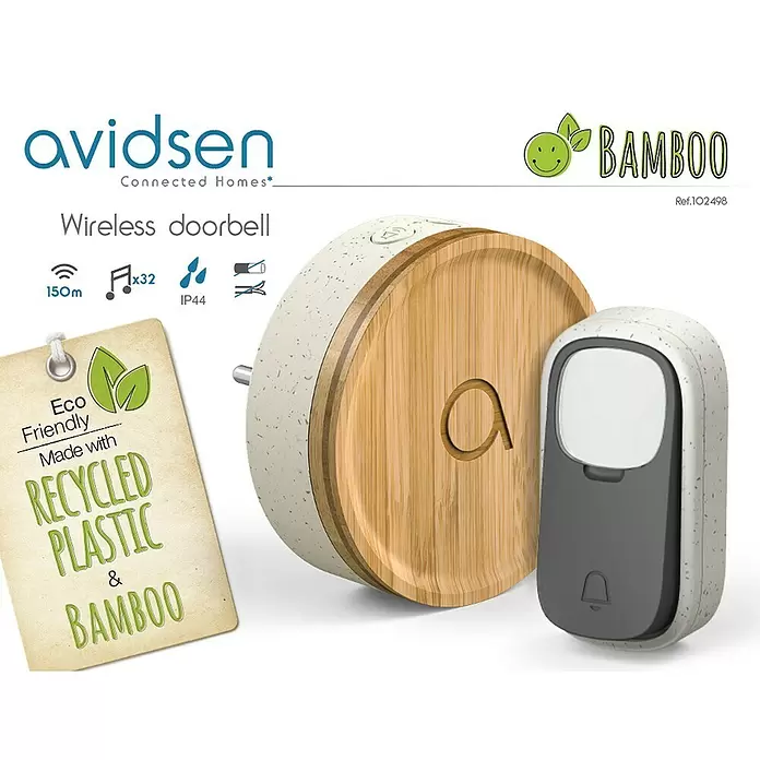 Avidsen Türklingel Bamboo - Netzbetrieben, Bambus/Grau, 70 x 80 x 80 mm