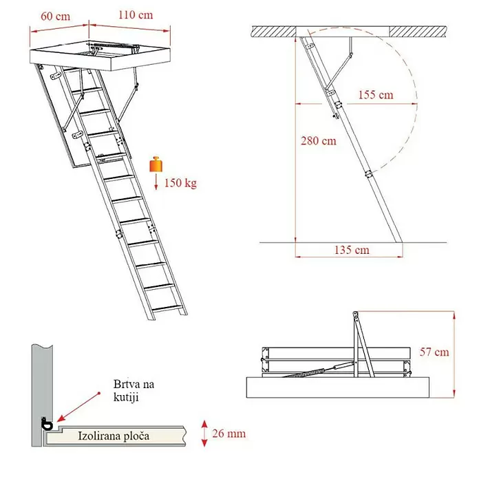 Meisterholz Tavanske stepenice Thermo - D x Š: 110 x 60 cm, Toplinska izolacija: 1,22 W/m²K - Skica