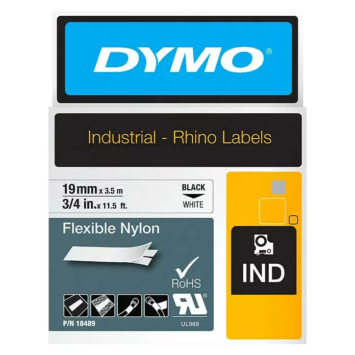 Dymo Cinta para etiquetado Rhino - L x An: 3,5 m x 19 mm, Color presión: Negro, Color cinta: Blanco, Nylon - Vista frontal